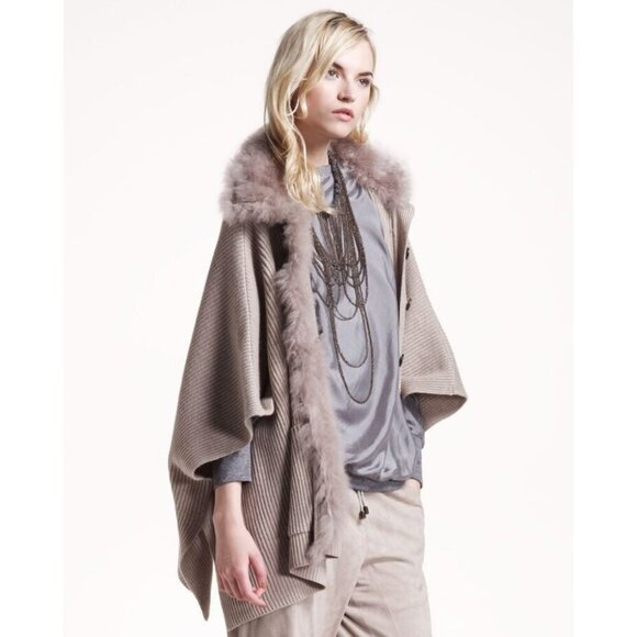 Brunello Cucinelli Women's Cashmere Poncho Cardigan Sweater Fur Brown size M - Picture 11 of 11